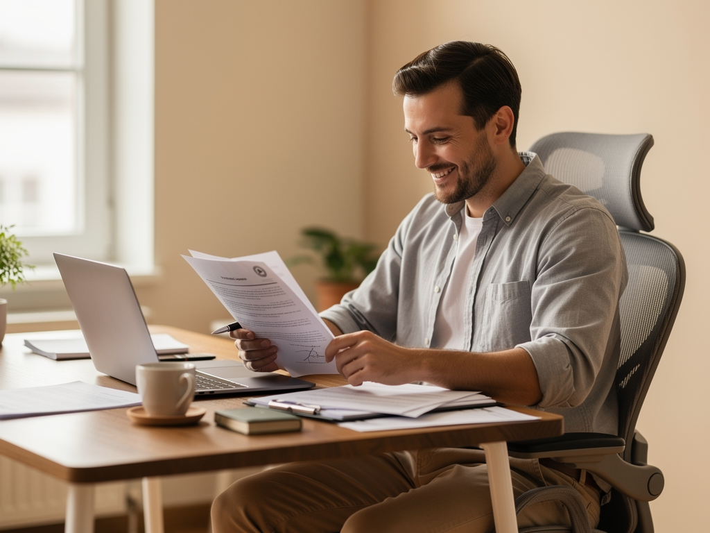 stress-free landlord reviewing rental agreements