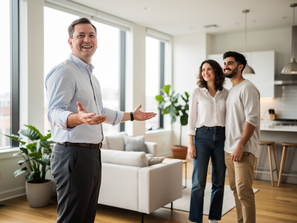 happy landlord showing apartment