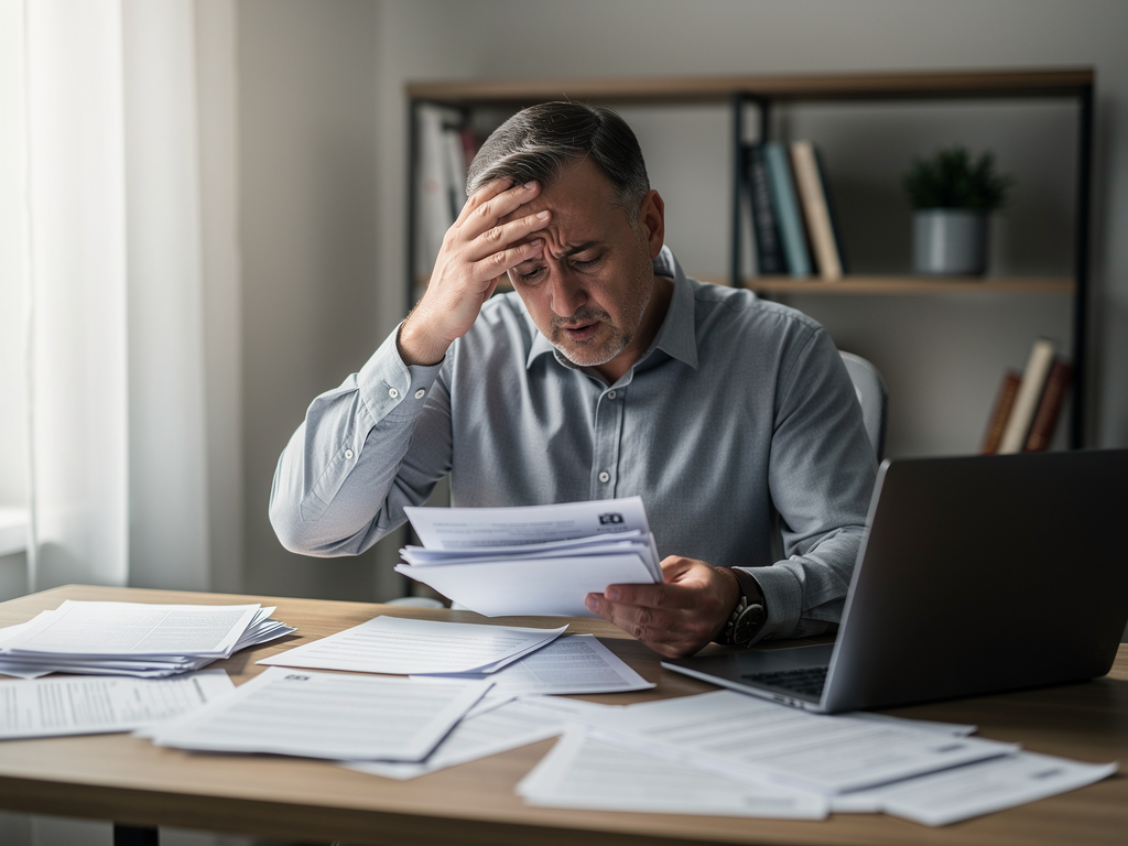 frustrated landlord reviewing documents